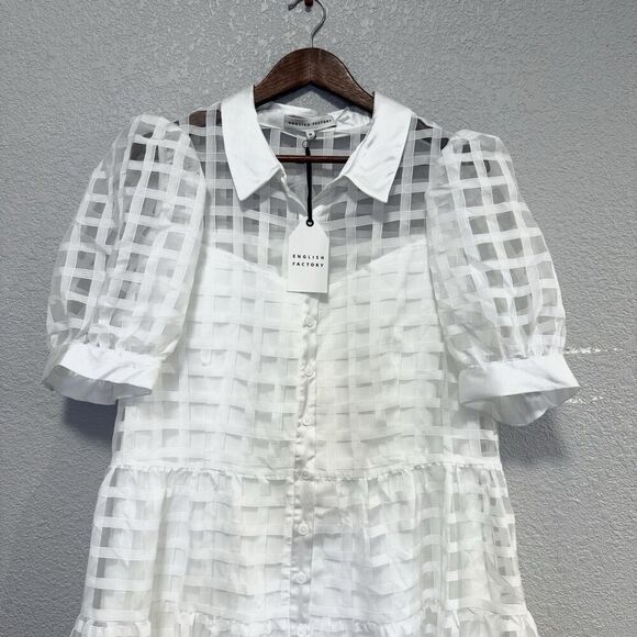 English Factory Gridded Organza Tiered Maxi Dress Plus Size 1X Puff Sleeve New - Picture 4 of 12